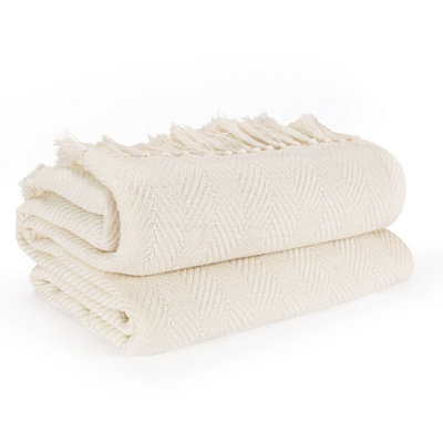 EHC Herringbone Lightweight Soft Warm Wool  Feel Acrylic Throws for Sofa Blanket  - Ivory