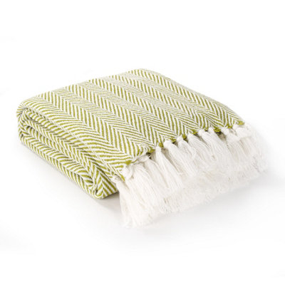 EHC Herringbone Lightweight Soft Warm Wool  Feel Acrylic Throws for Sofa Blanket  - Lime Green