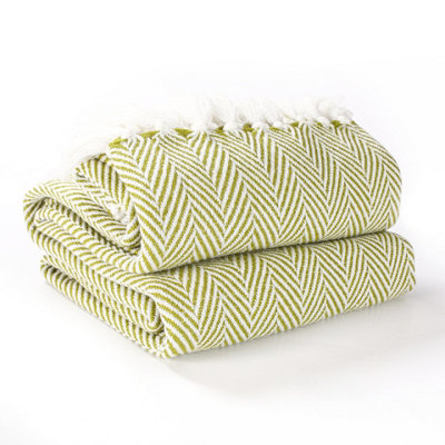 EHC Herringbone Lightweight Soft Warm Wool  Feel Acrylic Throws for Sofa Blanket  - Lime Green - 3