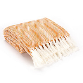 EHC Herringbone Lightweight Soft Warm Wool  Feel Acrylic Throws for Sofa Blanket - Ochre