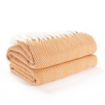 EHC Herringbone Lightweight Soft Warm Wool  Feel Acrylic Throws for Sofa Blanket - Ochre - 3