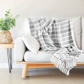 EHC Herringbone Stripe Cotton Throw for Double bed Sofa Couch,150 x 200 cm, Grey
