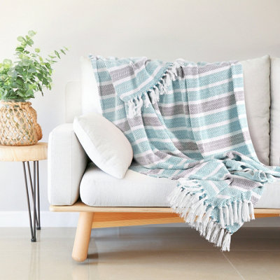 EHC Herringbone Stripe Cotton Throw for Double bed Sofa Couch 150 x 200 cm Teal DIY at B Q