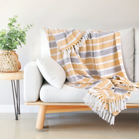 EHC Herringbone Stripe Cotton Throw for Double bed Sofa Couch,150 x 200 cm, Yellow