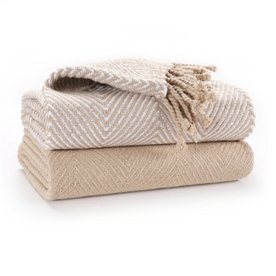 EHC Luxury Pack of 2 Chevron Cotton Single Sofa Throw Blanket, 125x 150cms - Beige