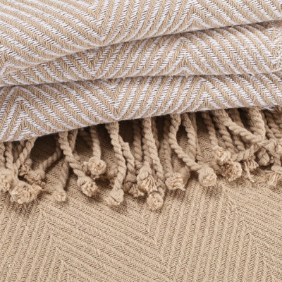 EHC Luxury Pack of 2 Chevron Cotton Single Sofa Throw Blanket, 125x 150cms - Beige
