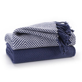 EHC Luxury Pack of 2 Chevron Cotton Single Sofa Throw Blanket, 125x 150cms - Navy Blue