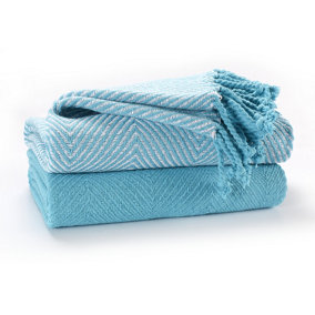 EHC Luxury Pack of 2 Chevron Cotton Single Sofa Throw Blanket, 125x 150cms - Teal