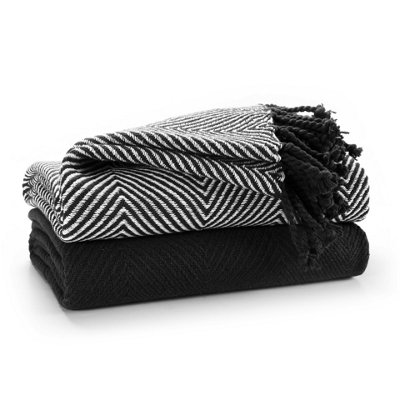 EHC Luxury Pack of 2 Chevron Cotton Single Sofa Throw Blanket, 125x150cm, Black DIY at B&Q
