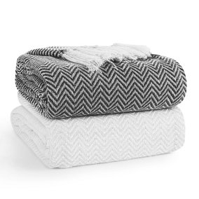 EHC PAIR Pack Chevron Cotton Throws for Sofa, Chair Blanket 127 x 152cm  ( Pack of 2 ) - Ivory / Black