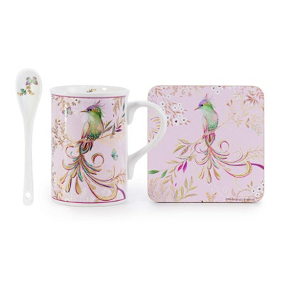 EHC Porcelain Phoenix Design Tea/Coffee Mug with Spoon & Coaster Set, Microwave, Oven & Dishwasher Safe, Gift Boxed, 320ml