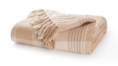 IKATYARN Chenille Throw Blanket - 50x60 Inch Farmhouse Plaid, Grey Taupe & Ivory, Soft Fringed Decorative Blanket