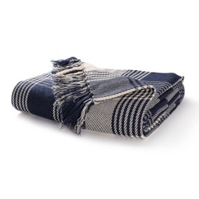 EHC Premium Reversible 100% Cotton Large 150 x 200 cm Tartan Throws for Sofa, Armchair Bedspread, Navy Blue