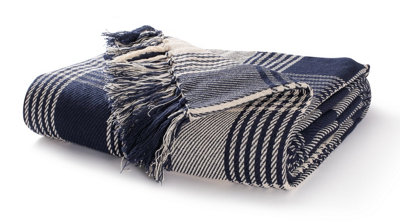 EHC Premium  Reversible 100% Cotton Large 225 x 250 cm Tartan Throws for Sofa, Bedspread, Navy Blue