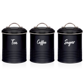 EHC Set of 3 Airtight Round Tea, Sugar & Coffee Storage Jars, Black, 0.9 Liter