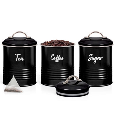 EHC Set of 3 Airtight Round Tea, Sugar & Coffee Storage Jars, Black, 0.9 L