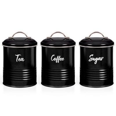 EHC Set of 3 Airtight Round Tea, Sugar & Coffee Storage Jars, Black, 0.9 L