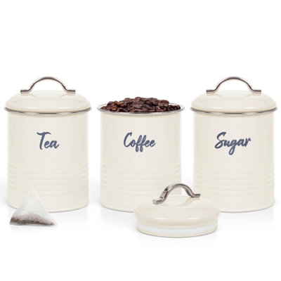EHC Set of 3 Airtight Round Tea, Sugar & Coffee Storage Jars, Cream, 0.
