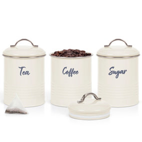 EHC Set of 3 Airtight Round Tea, Sugar & Coffee Storage Jars, Cream, 0.9 Liter