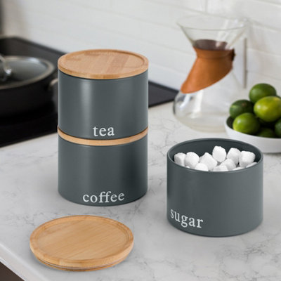 EHC Tea Coffee Sugar Canister Set Set of 3 Stackable Airtight Food Storage Easy to Open
