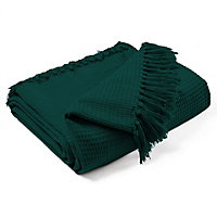 EHC Waffle Cotton Woven King Size Sofa Throw 3 Seater Sofa/ Chair/ Double Bed, 225 x 250 cm, Dark Green