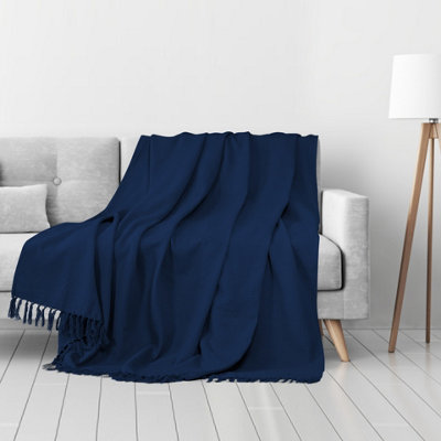 EHC Waffle Cotton Woven Large Sofa Throw 2 Seater Chair/ Sofa/ Bed 178 x 254 cm, Navy Blue