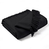 EHC Waffle Cotton Woven Super Giant Sofa Throw, Up to 4 Seater Sofa/ Super King Size Bed 254 x 380 cm, Black