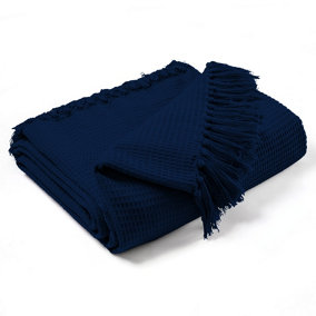 EHC Waffle Cotton Woven Super Giant Sofa Throw, Up to 4 Seater Sofa/ Super King Size Bed 254 x 380 cm, Navy Blue