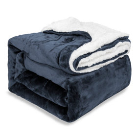 EHC Warm & Soft Sherpa Flannel Fleece Microfiber Blanket, Double Bed, Navy Blue - 150 cm x 200 cm