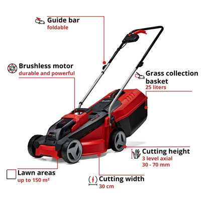 Einhell 30cm Power X-Change Cordless Lawnmower 18V Rotary With Battery And Charger 25L Grass Box BRUSHLESS - GE-CM 18/30 Li Kit