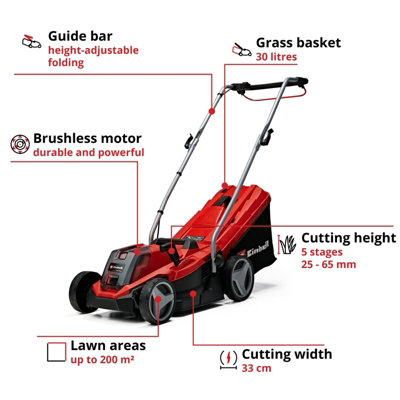 Einhell 33cm Power X-Change Cordless Lawnmower 18V Rotary With Battery And Charger 30L Grass Box BRUSHLESS - GE-CM 18/33 Li Kit