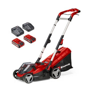 Einhell 34cm Power X-Change Cordless Lawnmower 36V Rotary With 2x 3.0Ah Batteries And Chargers And 30L Grass Box - RASARRO 36/34