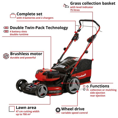 Einhell 47cm Power X-Change Cordless Lawnmower Self Propelled 36V Rotary With Battery & Charger 75L Grass Box GP-CM 36/47 S HW Li