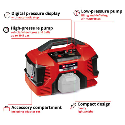 Einhell Power X-Change Cordless Air Compressor Portable 11 Bar - PRESSITO 18/21 - Body Only