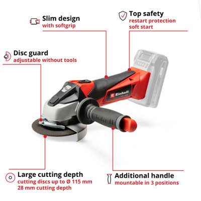 Einhell Power X-Change Cordless Angle Grinder - 115mm Width - Tool-Free Blade Change, Softstart - Body Only - TE-AG 18/115 Li-Solo