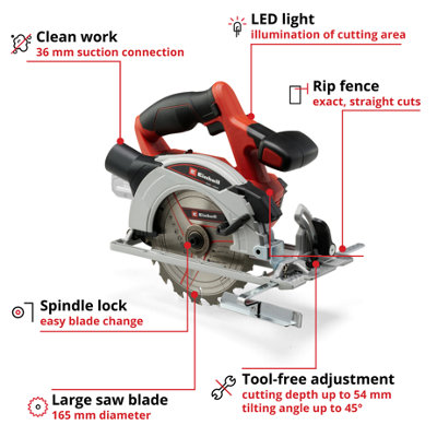 Einhell Power X-Change Cordless Circular Saw - 165mm Blade - With Dust Extraction - Body Only - TE-CS 18/165-1 Li Solo