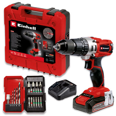 Einhell Power X Change Cordless Combi Drill 44Nm With Battery And Charger 22 Piece Drill Accessory Set Case 18V TE CD 18 2 Li i