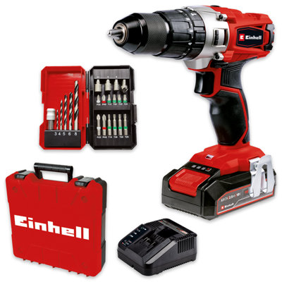 Einhell Power X-Change Cordless Combi Drill 44Nm With Battery And Charger 22 Piece Drill Accessory Set & Case 18V TE-CD 18/2 Li-i