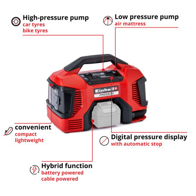 Einhell Power X-Change Cordless Portable Air Compressor - High & Low Pressure Use - With 3pc Adapter Set - Body Only - PRESSITO