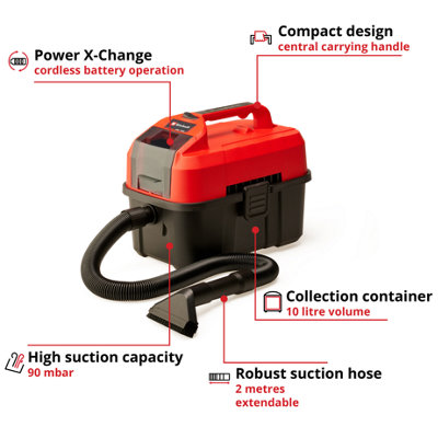 Einhell Power X-Change Cordless Wet And Dry Vacuum Cleaner - 10L Handheld Design w/ Accessories - Body Only - TE-VC 18/10 Li-Solo