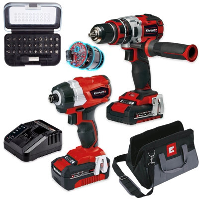 Einhell PXC 18V Brushless Twin Pack Combi Hammer Drill + Impact Driver + Bit Set