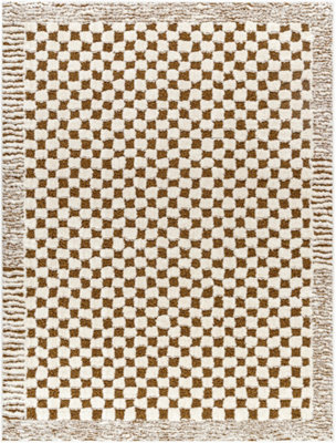 EKTA Scandi Modern High Pile Ivory/Brown Checkered Area Rug 120 x 170 cm