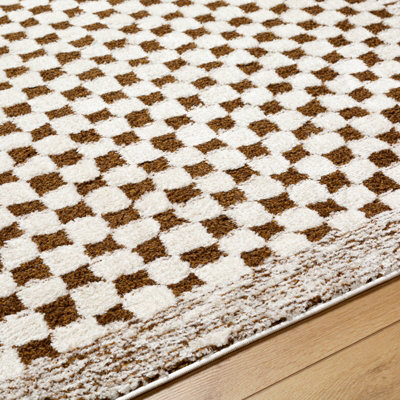 EKTA Scandi Modern High Pile Ivory/Brown Checkered Area Rug 120 x 170 cm