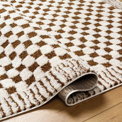EKTA Scandi Modern High Pile Ivory/Brown Checkered Area Rug 120 x 170 cm