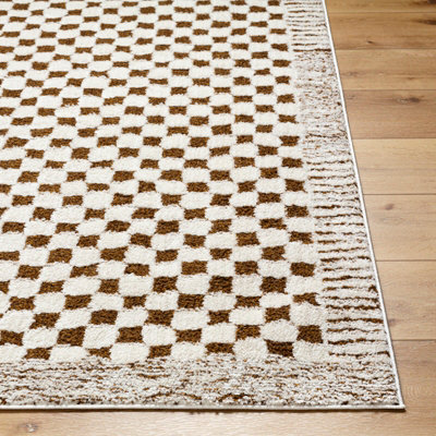 EKTA Scandi Modern High Pile Ivory/Brown Checkered Area Rug 120 x 170 cm