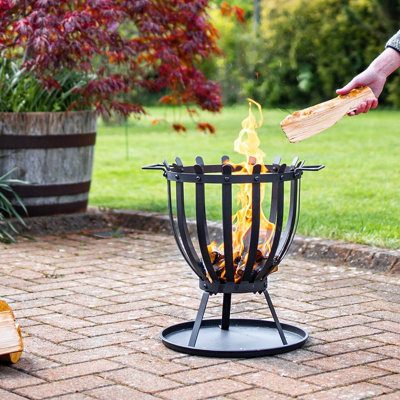 El Clasico Fire Basket with Handles - Black Metal Outdoor Garden Wood, Log or Briquette Burner Fire Pit Bowl - H42 x 34cm Diameter