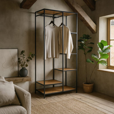 El Paso Black Metal Clothes Rack with Wild Oak Veneer Shelves, 5-Tier