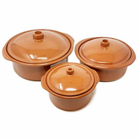 El Toro Glazed Terracotta Brown Kitchen Dining Set of 3 Lidded Casserole Dishes (D) 20cm, 25cm & 30cm