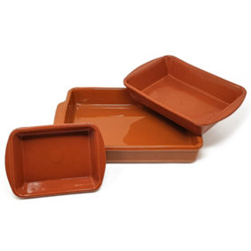 El Toro Glazed Terracotta Brown Kitchen Dining Set of 3 Mixed Rectangular Oven Dishes (L) 18-32cm