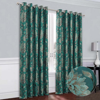 Elanie Metallic Floral Jacquard Lined Eyelet Curtains for Bedroom or Living Room - Measures 117 x 137cm, Teal